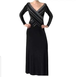 Tadashi Vintage Deep V Neck Long Sleeve Evening Gown Black & Silver Sequins M
